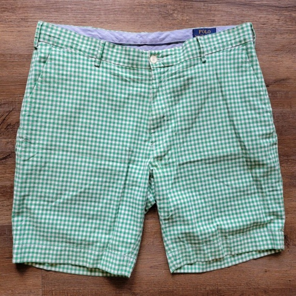 Polo Ralph Lauren Shorts Men's 35 Green Chino Stretch Classic Fit Check Preppy